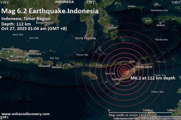 Gempa berkekuatan 6,2 SR menghantam 57 km barat laut Kefamenanu, Indonesia dini hari tadi