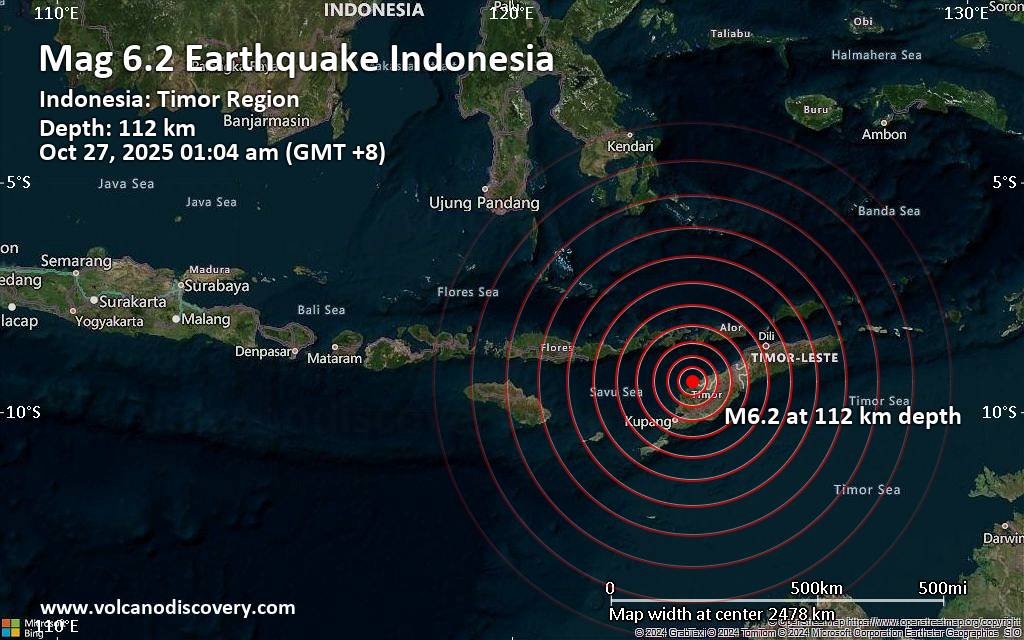 Gempa berkekuatan 6,2 SR menghantam 57 km barat laut Kefamenanu, Indonesia dini hari tadi